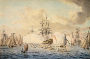 スピットヘッドで艦隊を閲兵するジョージ3世、1773年6月22日、HMS「ロイヤルオーク」が描かれている。 作： John the Younger Cleveley