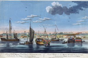 テムズ川左岸、ケント州ウリッジの王室ドックの眺め。ジョン・クレヴェリー・ザ・ヤンガー（1747-1786）による彩色エッチング。 作： John the Younger Cleveley
