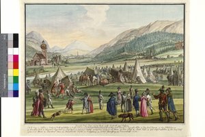 1799年、インスブルックのノイラウトにある帝政ロシアの野営地（水彩画） 作： Jokob Placidus Altmutter