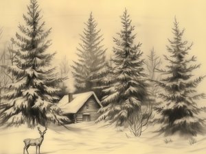 静かな冬の山小屋と鹿 作： 