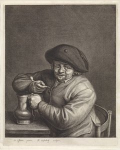 テーブルでパイプと水差しを手にした農民 作： Jonas Suyderhoef
