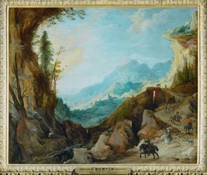 橋と4人の騎手がいる山の風景... 作： Joos de（のフォロワー）Momper