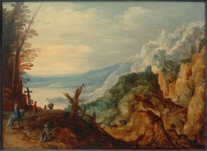 旅人のいる山の風景 作： Joos de Momper