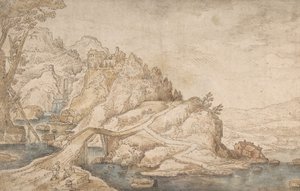 川と橋と家のある丘陵風景、左に二人の人物がいる 16世紀後半から17世紀中頃 作： Joos de Momper the Younger.