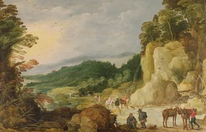 滝のある山の風景とフォードの旅人 作： Joos or Josse de Momper