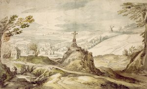 十字架のある山岳風景（紙にペン、ウォッシュ、トイレ） 作： Joos or Josse de Momper