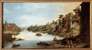 ローマのテベレ川（Tevere）の眺め 左側には高床式の家がある。ジョゼ・モンペール2世（1564-1635）の絵 作： Joos or Josse de The Younger Momper