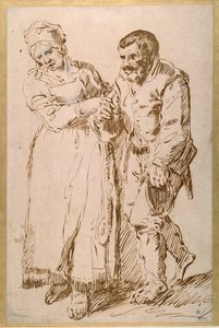 妻に案内された年老いた農民の足取り（紙にチョークを使ったペン＆インク 作： Joos van (attr. to) Craesbeeck