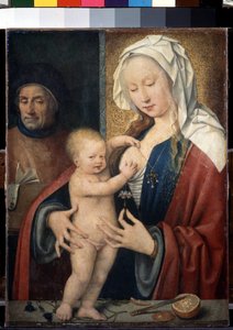 ""The Holy Family"" (聖なる家族) イエスが母親の胸で遊ぶ子供。 Joos van Cleve (Cleef) (circa 1485-1540) による絵画 16 世紀 Dim. 42.5x31.5 cm サンクトペテルブルク。 エルミタージュ美術館