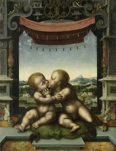 幼児キリストと洗礼者聖ヨハネの抱擁、1520-25 作： Joos van Cleve