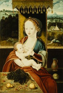 キャノピーの下に座っているマドンナと子供、果物のあるテーブル、風景の中、 作： Joos van Cleve