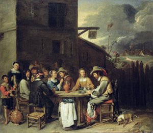1640-50年、居酒屋の前を駆け巡る仲間たち 作： Joos van Craesbeeck