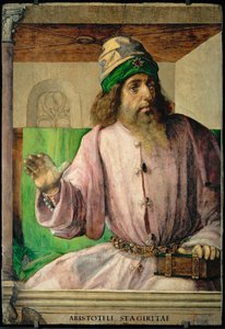 アリストテレス、ギリシャの哲学者 1475年頃、フェデリーゴ・ダ・モンテフェルトレの工房のために描かれた28枚の肖像画シリーズ。