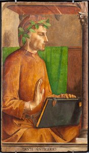 ダンテ アリギエーリ (1265-1321)、詩人、イタリア人作家、神曲の作者、リリピオンの頭飾り - ゲントのジャスト (ヨース ファン ワッセンホーフ) (1435 年頃 - 1475 年頃) とペドロ ベルゲーテ (1450 年頃) による絵画 1504年以前)、2点セットの一部
