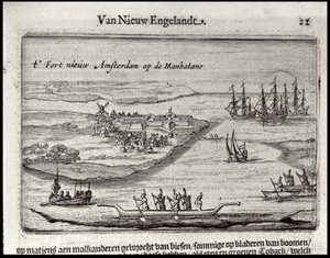 ニューアムステルダムの眺め、1626〜28年（銅版画） 作： Joost Hartgers