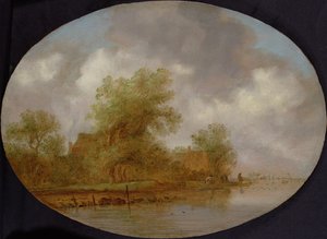 網で運ぶ漁師のいる川の風景（油） 作： Joost de Volder