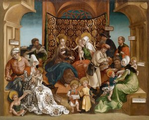 聖なる親（マリアの家族全員）」-「聖なる親族」-若き日のヨルグ（ヨルグ）・ブリュ（1510-1547）の絵画-木に油彩-106x132,5-個人蔵