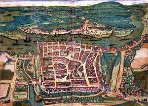 ゲオルク・ブラウン（1541-1622）とフランツ・ホーゲンベルグ（1535-90）による「Civitates Orbis Terrarum」よりアルテンシュタットの地図（1572-1617年頃）（彩色済み彫刻