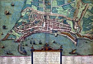ゲオルク・ブラウン（1541-1622）とフランツ・ホーゲンブルク（1535-90）による「Civitates Orbis Terrarum」からのアンコーナの地図、1572年頃（彩色済みエングレーヴィング）