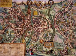 ゲオルク・ブラウン（1541-1622）とフランツ・ホーゲンベルグ（1535-90）による「Civitates Orbis Terrarum」からのバンベルクの地図（1572-1617年頃）（彩色済みエングレービング