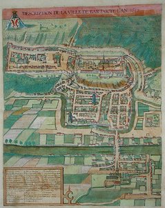 ゲオルク・ブラウン(1541-1622)とフランズ・ホーゲンベルグによる「Civitates Orbis Terrarum」からのバルの地図、1572年頃（カラーエングレーヴィング