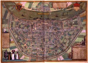 ゲオルク・ブラウン（1541-1622）とフランツ・ホーゲンベルグ（1535-90）による「Civitates Orbis Terrarum」からのデュイスブルクの地図、1572年頃（彩色済みエングレービング）
