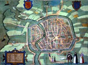 ゲオルク・ブラウン（1541-1622）とフランツ・ホーゲンブルク（1535-90）による「Civitates Orbis Terrarum」からハーレムの地図、1572年頃（彩色済み彫刻）。