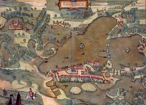 ゲオルク・ブラウン（1541-1622）とフランツ・ホーゲンベルグ（1535-90）の「Civitates Orbis Terrarum」よりプロンの地図 1593年（彩色済み彫刻 作： Joris (after) Hoefnagel