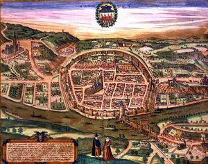 Georg Braun（1541-1622）とFrans Hogenberg（1535-90）による「Civitates Orbis Terrarum」からのサンテの地図。 作： Joris (after) Hoefnagel