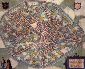 ゲオルク・ブラウン（1541-1622）とフランツ・ホーゲンベルグ（1535-90）による「Civitates Orbis Terrarum」からのティエンエンの地図（1572-1617年頃）（彩色済みエングレービング