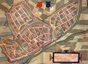 ゲオルク・ブラウン（1541-1622）とフランツ・ホーゲンベルグ（1535-90）による「Civitates Orbis Terrarum」からのヴェーゼルの地図（1572-1617年頃）（彩色済み彫刻 作： Joris (after) Hoefnagel