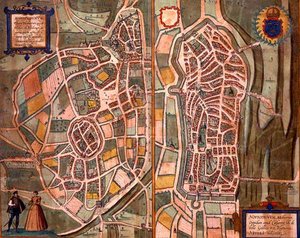 ゲオルク・ブラウン（1541-1622）とフランツ・ホーゲンベルグ（1535-90）による「Civitates Orbis Terrarum」からのオートンとヌヴェールの地図（1572-1617年頃）（彩色された彫刻版 作： Joris (after) Hoefnagel