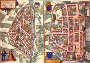 ゲオルク・ブラウン（1541-1622）とフランツ・ホーゲンベルグ（1535-90）による「Civitates Orbis Terrarum」からシャルトルとデュノアの地図（1572-1617年頃）（彩色済み彫刻）。