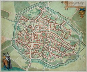 ゲオルク・ブラウン（1541-1622）とフランツ・ホーゲンブルク（1535-90）による「Civitates Orbis Terrarum」からのドバイの平面図、1572年頃（彩色済み彫刻）
