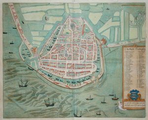 ゲオルク・ブラウン（1541-1622）とフランツ・ホーゲンブルク（1535-90）による「Civitates Orbis Terrarum」より、エンチュンセンの平面図、1572年頃（彩色済み彫刻）