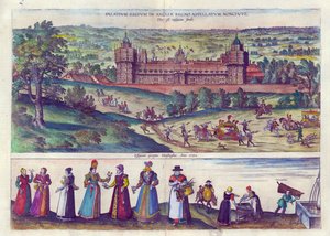 1598年のテューダー協会からのノーサチ宮殿と男女のエリザベス女王の到着（手彩色の銅版画） 作： Joris Hoefnagel