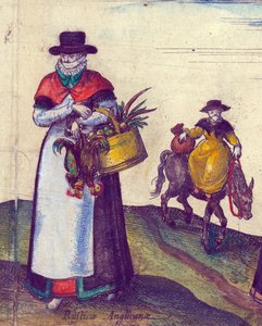 市場に出かける国の人々、32498年の1598年の手彩色の銅版画の詳細 作： Joris Hoefnagel