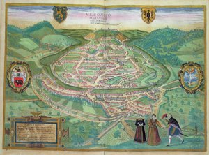 ブザンソンの地図、Georg Braun（1541-1622）とFrans Hogenberg（1535-90）による &39;Civitates Orbis Terrarum&39;から、1575（カラー彫刻）