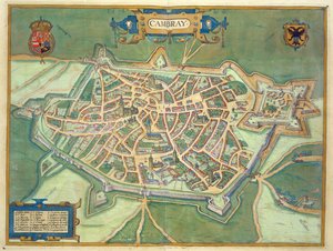 カンブライの地図、Georg Braun（1541-1622）とFrans Hogenberg（1535-90）による &39;Civitates Orbis Terrarum&39;から、c.1572（カラー彫刻）