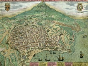 ブラウン（1541-1622）とフランツ・ホーゲンバーグ（1535-90）による「世界」からのカターニアの地図、1572年頃