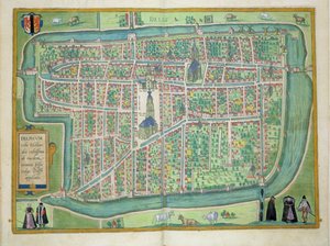 ブラウン（1541-1622）とフランツ・ホーゲンバーグ（1535-90）による「世界」からのデルフトの地図c.1572-1617