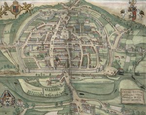 ブラウン（1541-1622）とフランツ・ホーゲンバーグ（1535-90）による「世界」からのエクセターの地図c.1572-1617