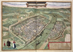 フランクフルトの地図、Georg Braun（1541-1622）とFrans Hogenberg（1535-90）による「Civitates Orbis Terrarum」、1572年頃（カラー彫刻）