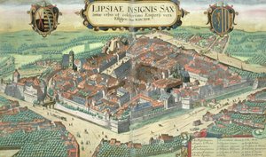 ライプツィヒの地図、Georg Braun（1541-1622）とFrans Hogenberg（1535-90）による &39;Civitates Orbis Terrarum&39;から、c.1572（カラー彫刻）
