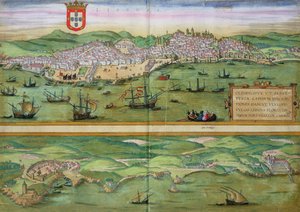 Georg Braun（1541-1622）とFrans Hogenberg（1535-90）による &39;Civitates Orbis Terrarum&39;からのリスボンとカスカイスの地図、1572年頃