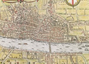 ブラウン（1542-1622）とフランスホーゲンベルク（1635-90）による「世界」からのロンドンの地図、1572年頃