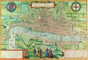 ゲオルクブラウン（1542-1622）とフランスホーゲンバーグ（1635-90）による「シビテーツオルビステララム」からのロンドンの地図、1572年頃（51896および66112も参照）