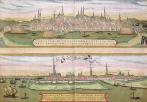 リューベックとハンブルクの地図、Georg Braun（1541-1622）とFrans Hogenberg（1535-90）による &39;Civitates Orbis Terrarum&39;から、1572年頃（カラー彫刻）