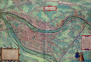 リヨンの地図、Georg Braun（1541-1622）とFrans Hogenberg（1535-90）による「Civitates Orbis Terrarum」、1572年頃（カラー彫刻）