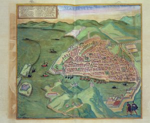 マルセイユの地図、Georg Braun（1541-1622）およびFrans Hogenberg（1535-90）による &39;Civitates Orbis Terrarum&39;から、c.1572（カラー彫刻）